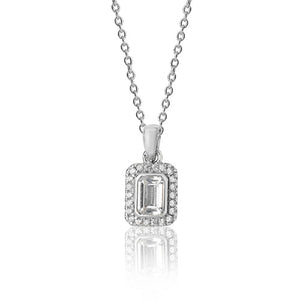 Silver Bezel Emerald Cut Halo Style Cz Pendant +18" Chain - E Bixby Jewellers