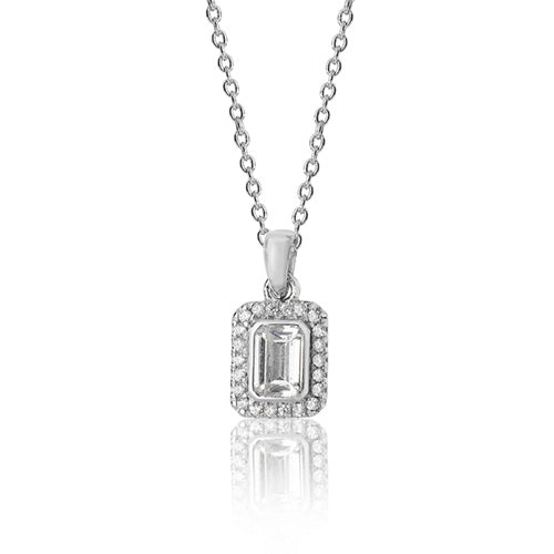 Silver Bezel Emerald Cut Halo Style Cz Pendant +18