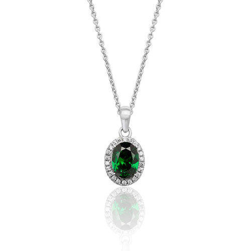 Silver Claw Set Oval Halo Style Green Cz Pendant +18