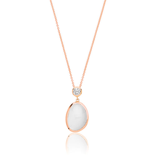 Silver Rose Gold Plated White Moon Stone & Cz Pendant + 18