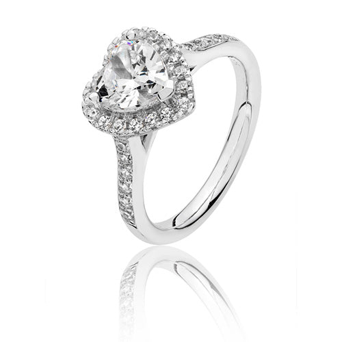 Silver Large Claw Set Heart Shaped Halo Style CZ Ring - E Bixby Jewellers